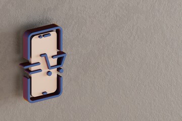 Poster - Beautiful abstract illustrations Blue and Golden smartphone Online Shopping symbol icons on a wall beton background. 3d rendering illustration. Background pattern for design. Online Shopping..