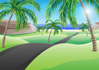 Wall Mural - Summer landscape with palm trees and a road to the beach by the sea.