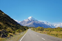 Majestic View Of The Road To Leading To Famous Mount Cook In New Zealand. New Zealand Adventure.