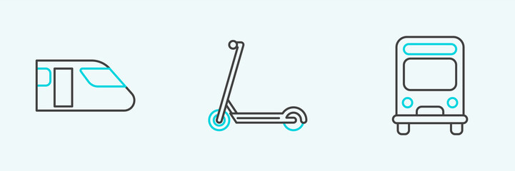 Sticker - Set line Bus, Train and Scooter icon. Vector