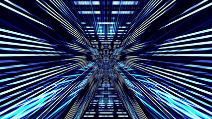 Poster - 3D render of futuristic abstract kaleidoscopic patterns neon tunnel in purple with rays and lines