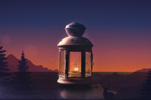 3d Render Of A Beautiful Lighted Lantern With Natural Background And Sunset