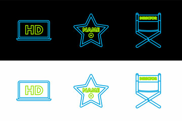 Sticker - Set line Director movie chair, Laptop screen with HD video technology and Hollywood walk of fame star on celebrity boulevard icon. Vector