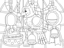 Home Pet, Parrot In A Cage, Enclosure Interior. Children Coloring Book.