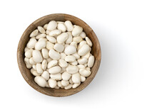 White Beans In Wooden Bowl On White Background, Top View