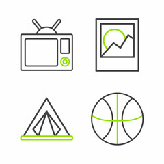 Wall Mural - Set line Basketball ball, Tourist tent, Photo frames and Television icon. Vector