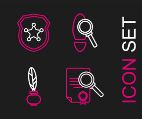 Sticker - Set line Document with search, Feather and inkwell, Magnifying glass footsteps and Police badge icon. Vector