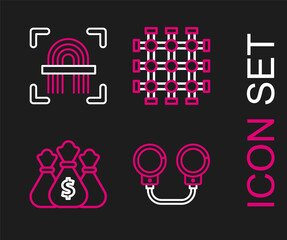 Sticker - Set line Handcuffs, Money bag, Prison window and Fingerprint icon. Vector