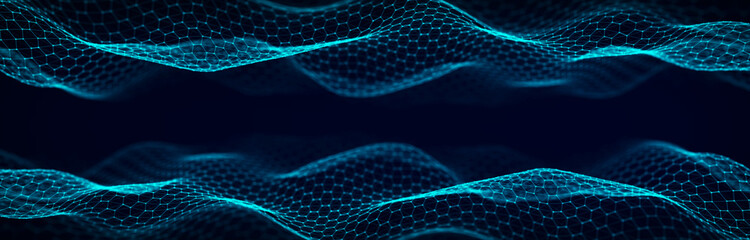 futuristic hexagon wave. dark cyberspace. abstract wave with dots and line. white moving particles o