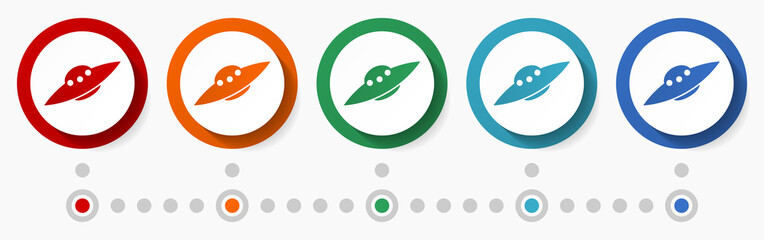 Aufkleber - Alien spaceship concept vector icon set, infographic template, flat design colorful web buttons in 5 color options