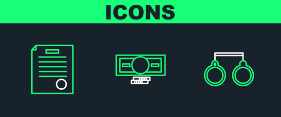 Sticker - Set line Handcuffs, The arrest warrant and Stacks paper money cash icon. Vector