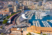 Monaco, Monaco - April 5 2022 - Overview Of The Port Hercule Harbour With The Grand Prix Circuit Being Build