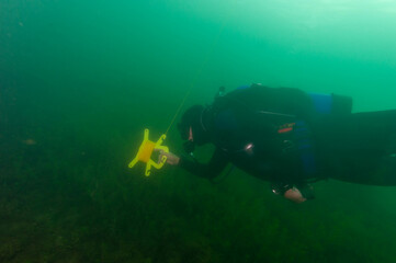  SCUBA diver exploring a murky inland lake holding dive flag handle