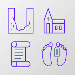 Sticker - Set line Dead body, Decree, parchment, scroll, Church building and Cemetery digged grave hole icon. Vector