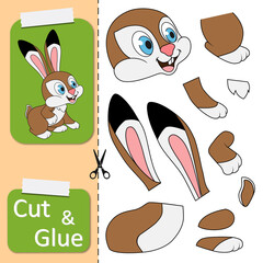 Wall Mural - Cut and glue the paper cute Hare. Create application the cartoon Rabbit. Education riddle entertainment or amusement for children. Kids logic game and activities jigsaw. Preschool worksheet activity.