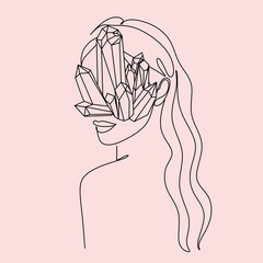 Woman with crystals on head line art vector. Line drawing feminine logo