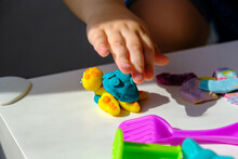 Closeup Children's Hands With Plasticine Turtle On White Table, Children's Creative Games At Home With Plasticine