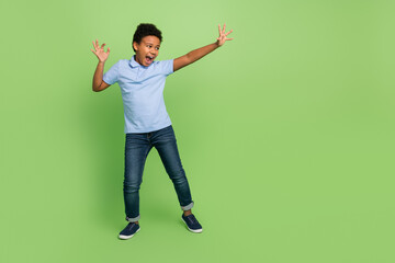 Sticker - Full length body size view of two attractive funky cheerful pre-teen boy dancing having fun fooling isolated over green color background