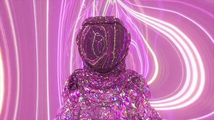 Wall Mural - an astronaut in a diamond suit walks against the backdrop of pink and yellow glowing neon lines. 3d 
