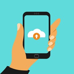 Hand holding smartphone with cloud on a screen vector illustration Premium Vector