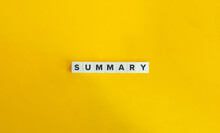 Summary Word And Banner. Letter Tiles On Yellow Background. Minimal Aesthetics.