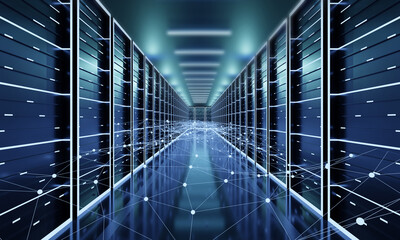 Computer network security server room data center. big data storage and cloud, 3D illustration