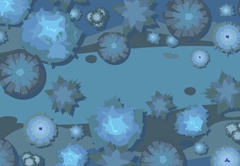 Wall Mural - night plant landscape top view. wild forest trees and bushes. dark twilight garden. illustration in 