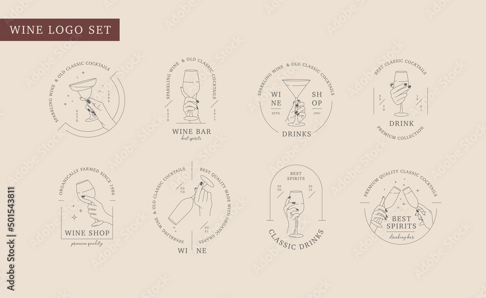 Vector linear set of emblem and logos for wine store, restaurant, cafe ...