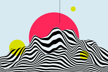 Wall Mural - Black and white wave 3d background. Stylish dynamic striped mountain surface. Abstract smooth swirl pattern texture with pink sun and yellow circle bokef effect