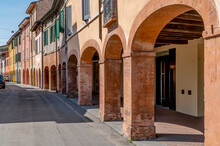 The Colorful Arcades Of Via Sanvitale, Historic Center Of Fontanellato, Parma, Italy