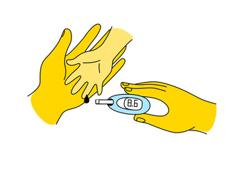 Mother help sugar test diabetes kid, blood sugar meter doodle style drawing.