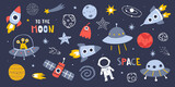 Fototapeta Kosmos - Cute outer space set. Cosmic bundle with doodle spaceships and planet. Collection of naive stellar stickers.