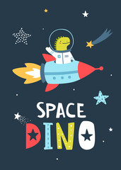 Wall Mural - poster with dino flying on the rocket in the space. cute cosmic dinosaur print with kettering.