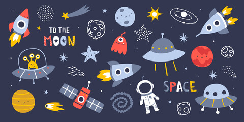 cute outer space set. cosmic bundle with doodle spaceships and planet. collection of naive stellar s