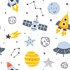 Wall Mural - scandinavian space adventure pattern. cosmic seamless vector print for baby fabric and nursery wallp
