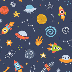 Wall Mural - space adventure pattern for kids. colorful seamless cosmic print for baby textile and fabric.