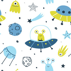 Wall Mural - cute space pattern with aliens on the ufo. funny seamless cosmic print for baby textile and nursery 