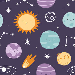 Wall Mural - kawaii planets with smiling faces pattern. space seamless vector print for baby textile and nursery 