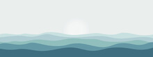 Sea Landscape Graphic Picture. View With Waves, Sky And Sun. Background With Space For Text. Vector Illustration