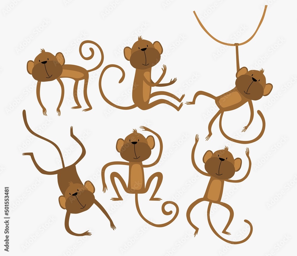 Set of cute funny monkeys in a cartoon style. Stock Vector | Adobe Stock