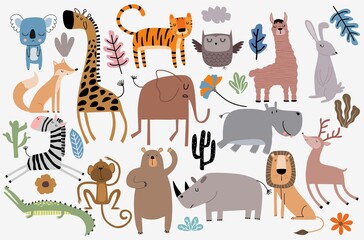 isolated set with cute woodland forest animals in cartoon style.