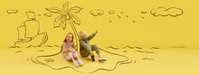 Flyer With Funny Kids, Little Boy And Girl Talking, Dreaming Isolated On Yellow Background With Drawing, Pencil Sketch. Inspiration World For Kids. Concept Of International Children's Day