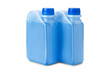 Two plastic bottles with blue antifreeze or coolant water isolated on white background. Canisters of non-freezing liquid, mock up, copy space.