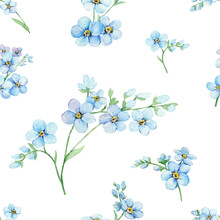 Watercolor Seamless Pattern Of Blue Forget-me-nots. Hand Painted Illustration With Summer Flowers Isolated On White Background