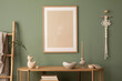 © FollowTheFlow - Stylish living room interior design with mock up poster frames, wooden chest of drawers, beige vase and creative home accessories. Sage green wall. Template.