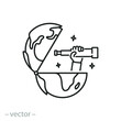 © Yurii - global future of the look icon, international vision, explore world, open globe with spyglass, thin line symbol on white background - editable stroke vector illustration