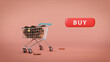 3d illustration of shopping cart full of coins with button buy.