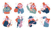 Set Vector Flat Cartoon Illustrations. Orchestra, Musicians Play Different Musical Instruments.