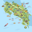 Costa rica island geography wildlife and nature explanation outline map. Caribbean sea country topography land borders with detailed republic surface vector illustration. Environment overview drawing.