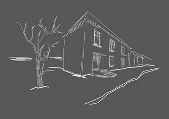 Wall Mural - Linear sketch small old house in a town on gray background